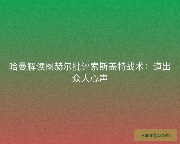 哈曼解读图赫尔批评索斯盖特战术：道出众人心声